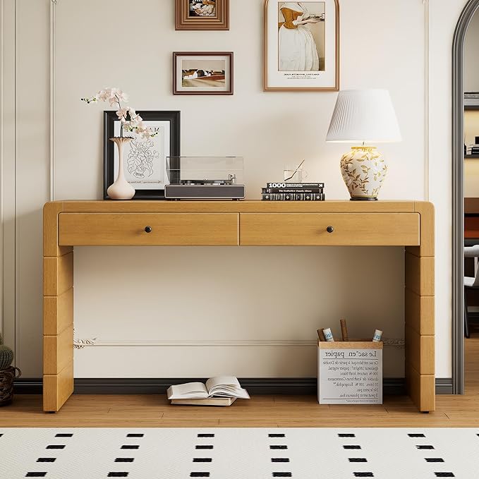 Unique Curved Console Table with 2 Top Drawers, Versatile 55'' Long Accent Entryway Table Sofa Table for Entrance, Hallway, Dinning Room, Living Room (Natural-2.25)