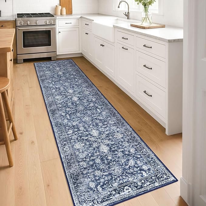 KILOCOCO Hallway Runner 2x8 Rug Runner Printed Vintage Floral Washable Kitchen Runners Non-Slip Rubber Backed Runners for Hallways Laundry Room Distressed Boho Rugs for Entryway Bedroom, Blue
