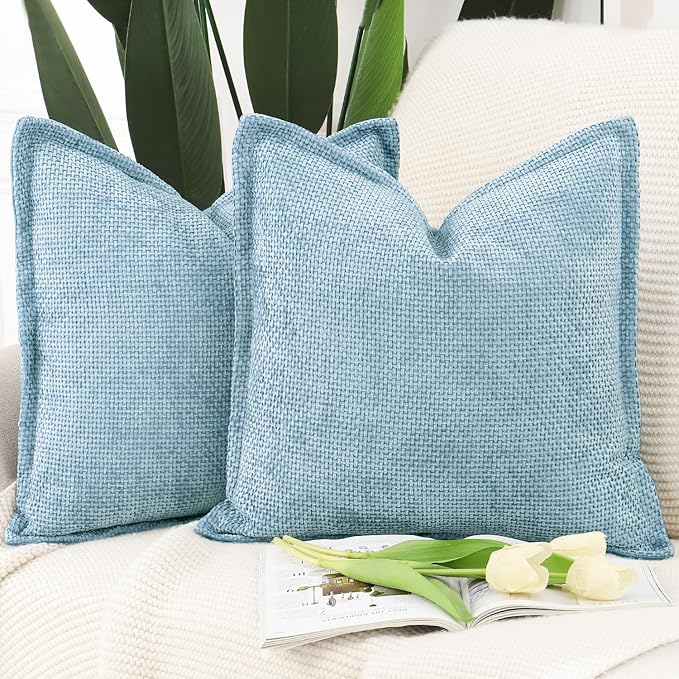 MADIZZ Chenille Velvet Throw Pillow Covers with Flange Set of 2 Super Soft Boho Textured Pillow Covers Decorative Throw Pillowcases Modern Farmhouse Home Decor for Sofa Bedroom Light Blue 18x18 Inch
