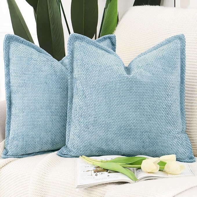 MADIZZ Chenille Velvet Throw Pillow Covers with Flange Set of 2 Super Soft Boho Textured Pillow Covers Decorative Throw Pillowcases Modern Farmhouse Home Decor for Sofa Bedroom Light Blue 24x24 Inch
