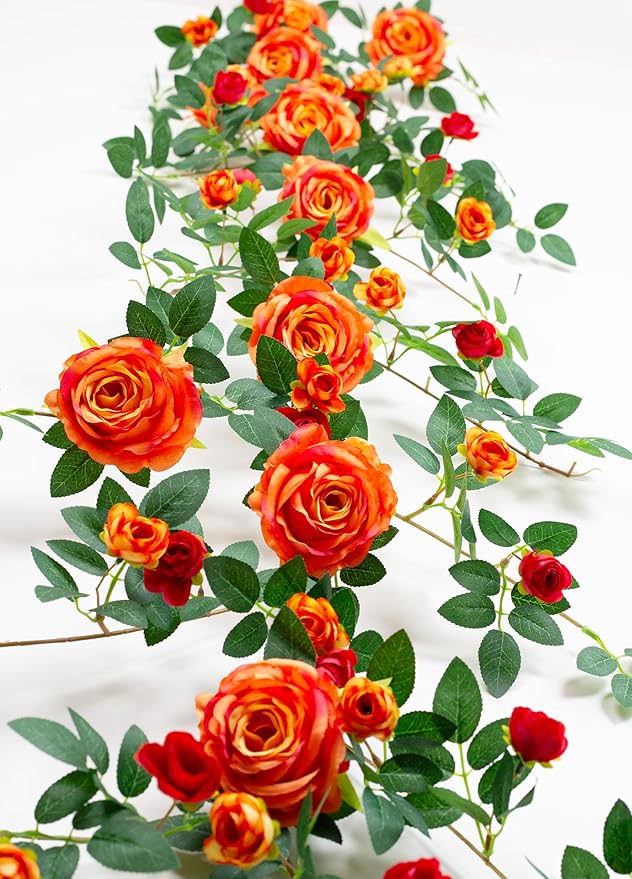 6FT Bendable Flower Garland, Artificial Rose Vine Hanging Floral Garland Decoration for Weding Home Room Wall Decor (Orange, 1pcs)