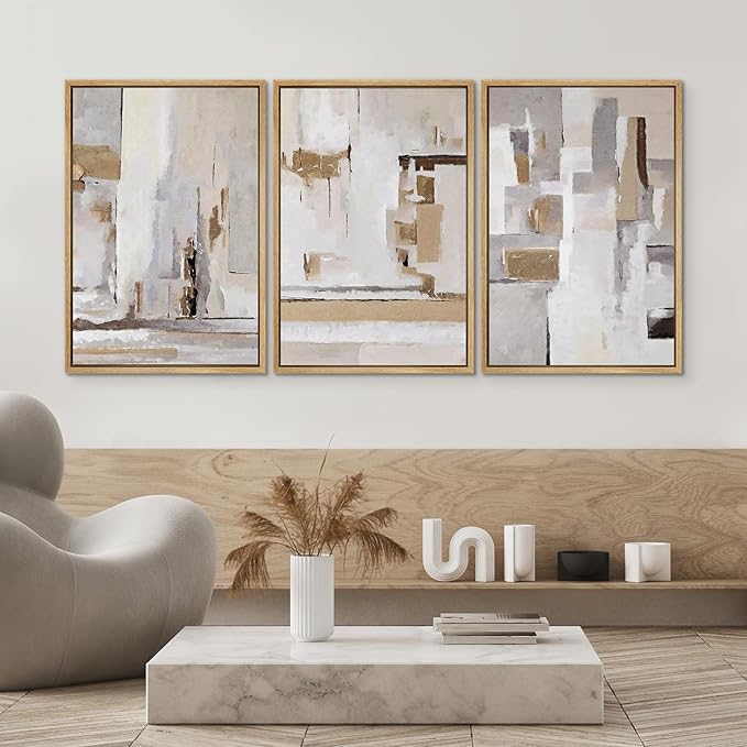SIGNWIN Framed Canvas Print Wall Art Set Abstract Geometric Neutral Beige and White Illustrations Modern Art Decorative Rustic Calm/Zen for Living Room, Bedroom, Office - 16"x24"x3 Natural