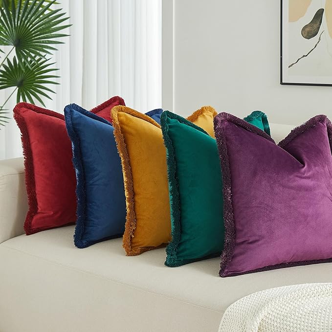JUSPURBET Pack of 2 Peacock Blue Decorative Fringe Velvet Throw Pillow Covers 18x18 for Home Decor Living Room Bedroom Car Boho Soft Cushion Cover with Hidden Zipper Machine Washable