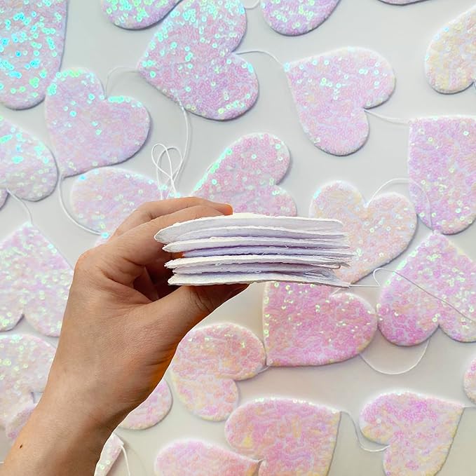 Iridescent White Heart Decorations Double Sided Sequin Fabric 3D Heart Hanging Wall Art Heart Garland Streamer for Nursery Classroom Bedroom Wall Valentines Day Holiday Weeding Anniversary Home Decor