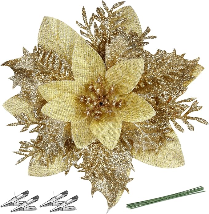 Christmas Poinsettia Artificial Flowers Decorations 5.5" Christmas Tree Wreaths Garland Decoration 12 Pcs Glitter Flowers Picks Decor for Xmas New Wedding Party Ornaments (Champagne)
