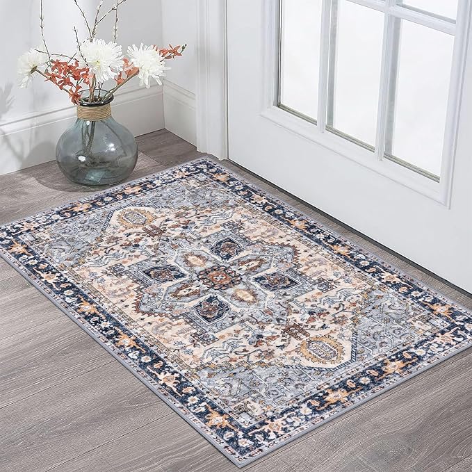 KOZYFLY Small Area Rug 2x3 Ft Rugs for Entryway Washable Boho Entry Rug Non Slip Door Mat Indoor Entrance Faux Wool Vintage Printed Kitchen Rug Throw Rugs for Entrance Kitchen, Blue Gray/Cream
