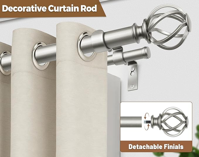 KAMANINA 1 Inch Double Curtain Rods 66 to 120 Inches (5.5-10 Feet) Telescoping Heavy Duty Drapery Rod for Windows 54 to 115 with Twisted Cage Finials, Antique Silver