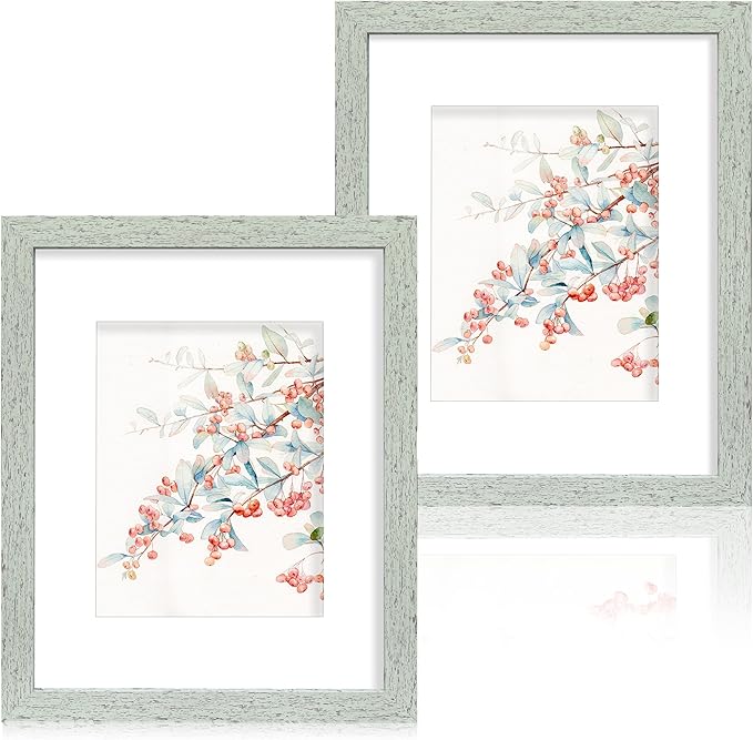 11x14 Picture Frame Set of 2, Made of Real Glass Sage Green Wooden Frame, Display 8x10 Pictures with Mat or 11 x 14 Posters without Mat for Wall Mounting, Gallery Photo Frames