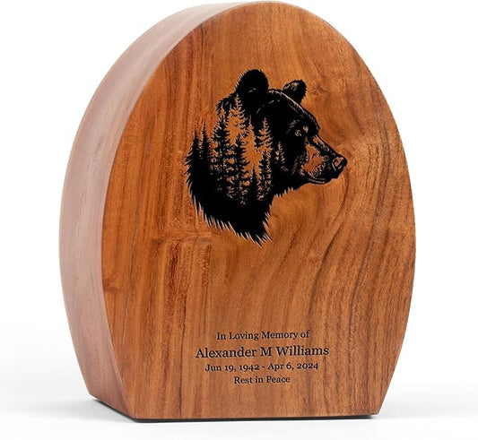 Personalized Bear Medium Cremation Urn for Sharing Adult Ashes - 120 lbs - Custom Wooden Memorial Urn - Engraveable Decorative Urns for Men and Women