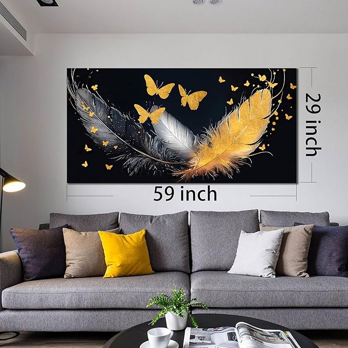 SIXTTART Feather Canvas Wall Art for Living Room - Butterfly Pictures Wall Art for Bedroom - Black White and Gold Wall Art for Office Size 29" x 59"