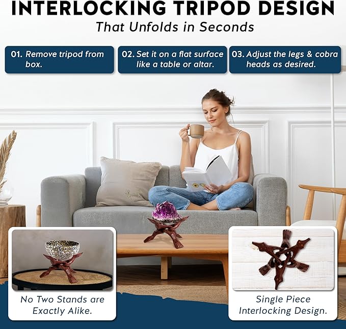 Alternative Imagination Wooden Tripod Display Stand – 8-Inch Hand Carved Holder Made from Sustainable Mango Wood – Folding Reddish-Brown Stand for Abalone Shell, Crystal Ball, Key Bowl, Trinket Dish, Incense, Decor and More