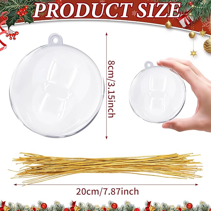 26 Pcs 3.15 inches Fillable Christmas Ornaments Balls, Large Clear Plastic Fillable Hanging Ornament Ball for DIY Crafts, Shatterproof Transparent Ornaments Bulk for Xmas Tree Party Decor