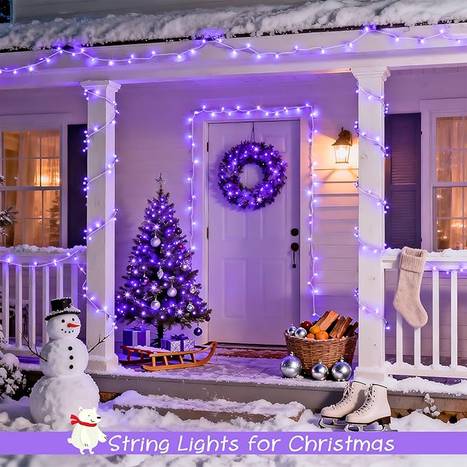 JMEXSUSS 2 Pack 100 LED Purple Christmas Lights Indoor, 33ft Clear Wire Purple String Lights Outdoor Waterproof, 8 Modes Connectable Christmas Tree Lights for Xmas Tree Yard Bedroom Porch Decorations
