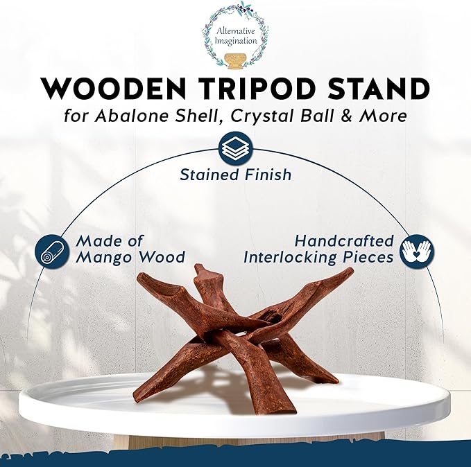 Alternative Imagination Wooden Tripod Display Stand – 6-Inch Hand Carved Holder Made from Sustainable Mango Wood – Folding Reddish-Brown Stand for Abalone Shell, Crystal Ball, Key Bowl, Trinket Dish, Incense, Decor and More