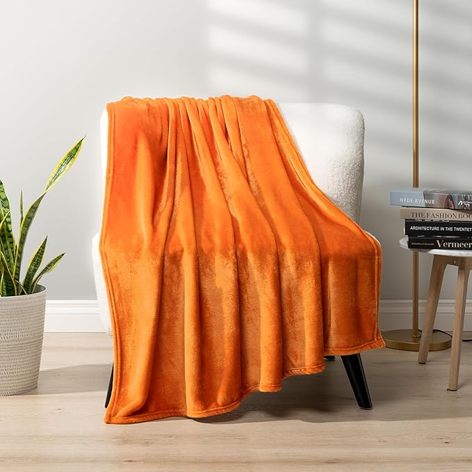 PAVILIA Orange Fleece Throw Blanket for Couch Twin Size, Peach Coral Super Soft Fall Flannel Throw for Sofa, Luxury Plush Microfiber Blanket Twin Bed, Home Decorative Velvet Gift Blanket, 60x80