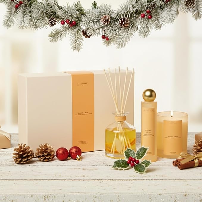 Benevolence LA Golden Luster Gift Box | Candle, Room Spray & Reed Diffuser | Orange, Cedarwood & Clove | Luxurious Home Fragrance | Ready for Gifting Set | Thanksgiving Gifts for Women