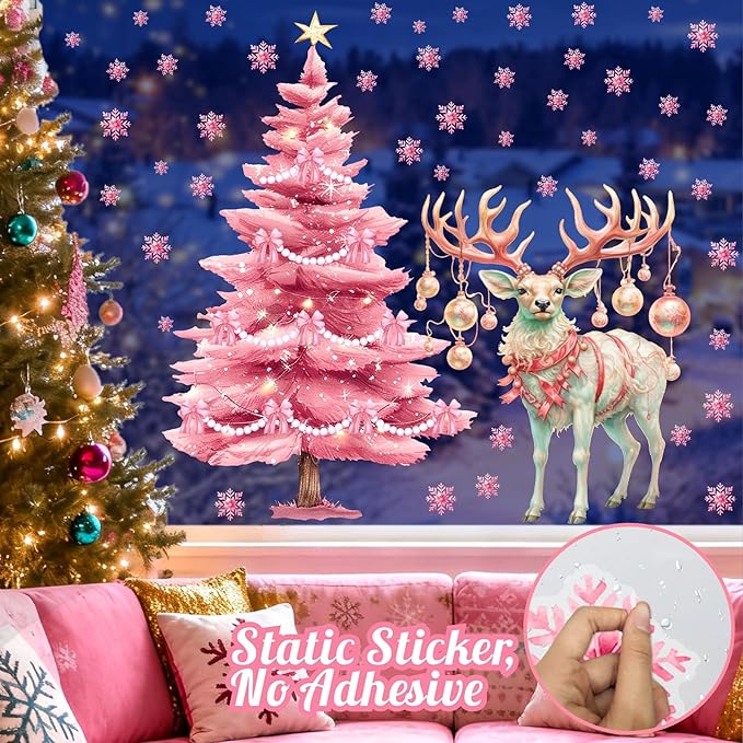 Pink Christmas Window Clings Large Christmas Pine Tree Decoration Decals for Glass Double-Sided Snowflake Elk Stickers Removable Xmas Reindeer Static Decal for Winter Holiday Party Home Indoor Decor