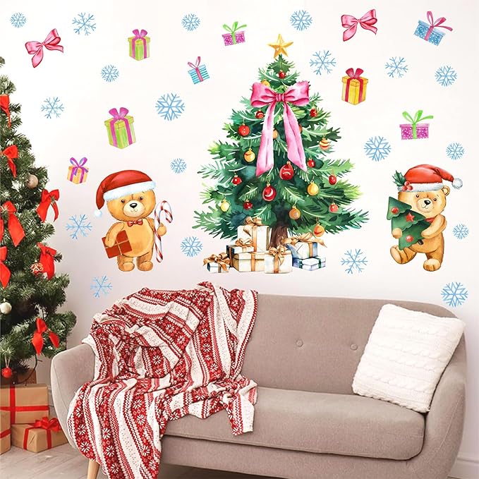 Large Christmas Tree Wall Decals Removable Watercolor Giant Pine Tree Wall Stickers Snowflake Wall Decals Peel and Stick Holiday Christmas Party Decorations