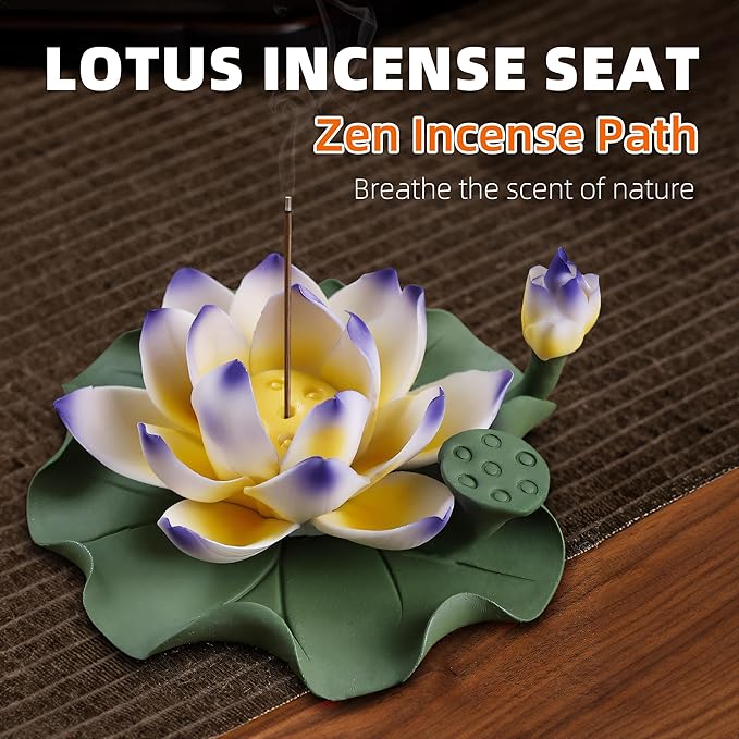 Lotus Incense Burner - Incense Burner Holder for Home Incense Holder Decor Incense Holder for Sticks Yoga, SPA (Z7-Blue-Yellow)