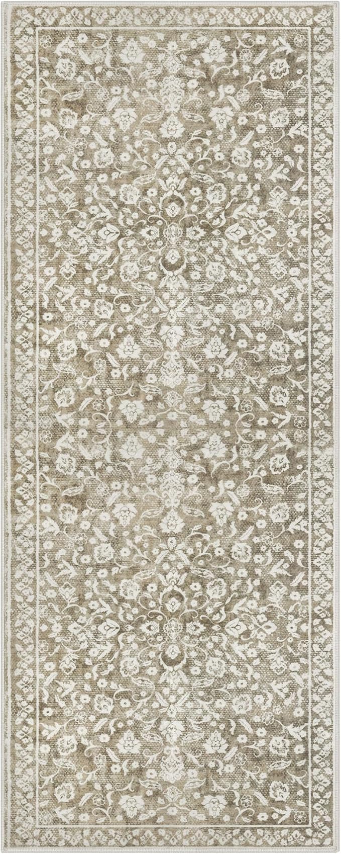 Vintage 3x8 Hallway Rug, Beige Taupe Washable Hallway Runner Rug Non Slip, Super Soft Kitchen Runner Rug, Print Faux Wool Floral Thin Carpet Runner for Entryway Indoor Laundry Room Bedroom