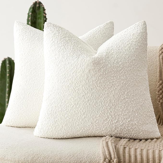 Foindtower Set of 2, Decorative Textured Boucle Throw Pillow Covers Accent Solid Pillow Cases Neutral Soft Cozy Couch Cushion Case for Chair Sofa Bedroom Living Room Home Decor 24 x 24 Inch White