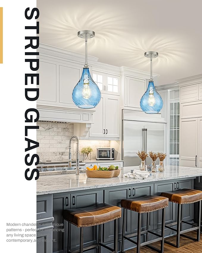 TENGXIN 8 Inch Hanging Light for Kitchen Island,Kitchen Pendant Lighting Over Island,Brushed Nickel Finished Blue Glass Pendant Light,Farmhouse Pendant Light for Dining Room,TXPLBN13-L