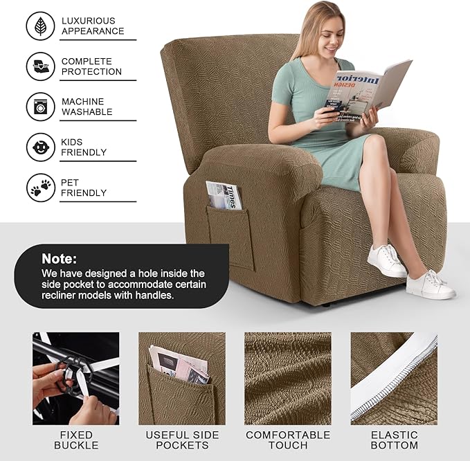 Timeles Recliner Covers Extra Wide Recliner Chair Covers Reclining Couch Covers Sofa Slipcovers Stretch Soft Washable (Single-Seater Oversized, Light Brown)