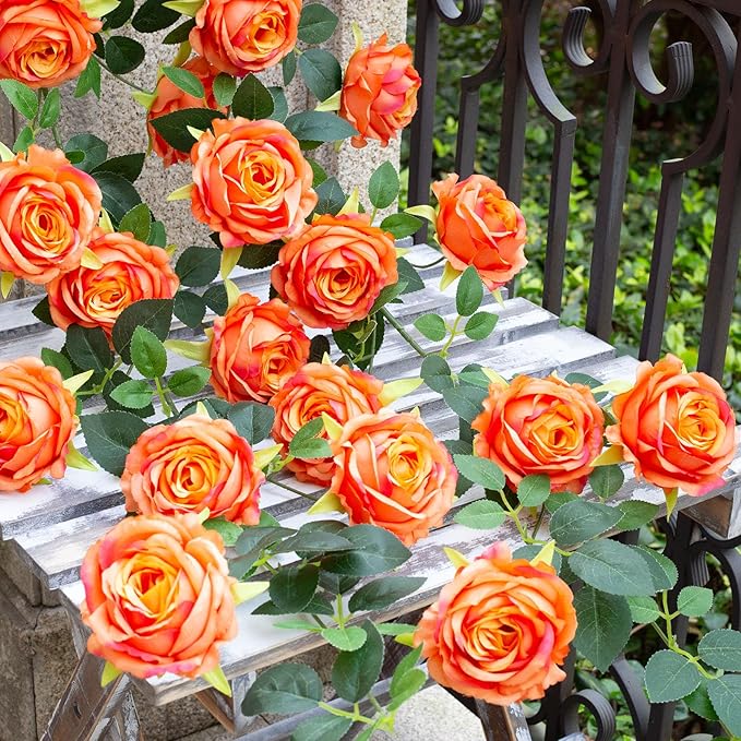 6FT Bendable Flower Garland, Artificial Rose Vine Hanging Floral Garland Decoration for Weding Home Room Wall Decor (Orange, 1pcs)