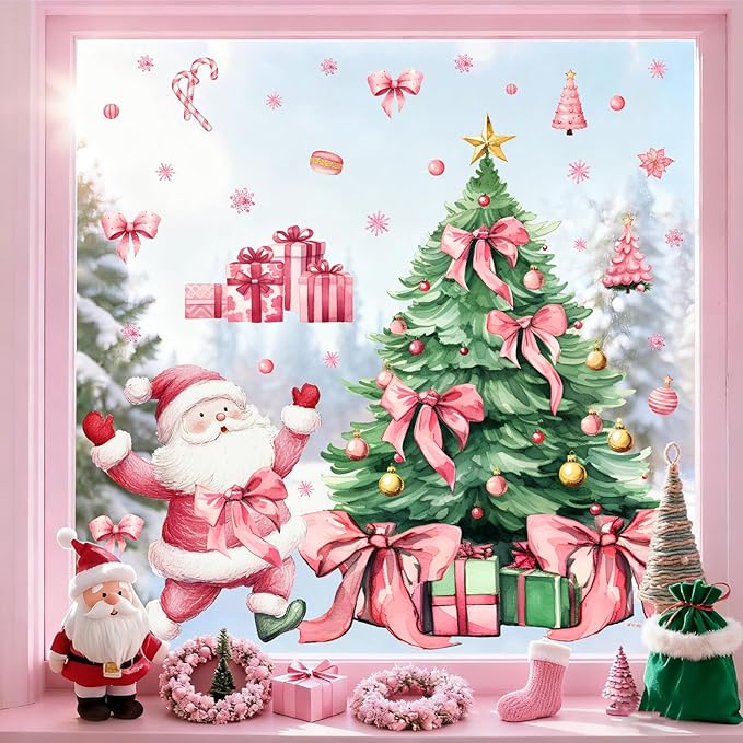 Christmas Decoration Window Decals Pink Bow Xmas Tree Window Clings Indoor Decor Removable Santa Claus Static Cling for Glass Double-Sided Snowflake Glass Sticker for 2026 New Year Living Room Supply