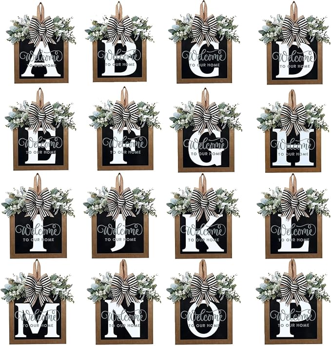 Last Name All Year Round Front Door Garland, Front Porch Decoration 26 Letter Welcome Garland and Eucalyptus and Bow Suitable for Spring Summer Winter Used for Front Door Hanging Garland (M)