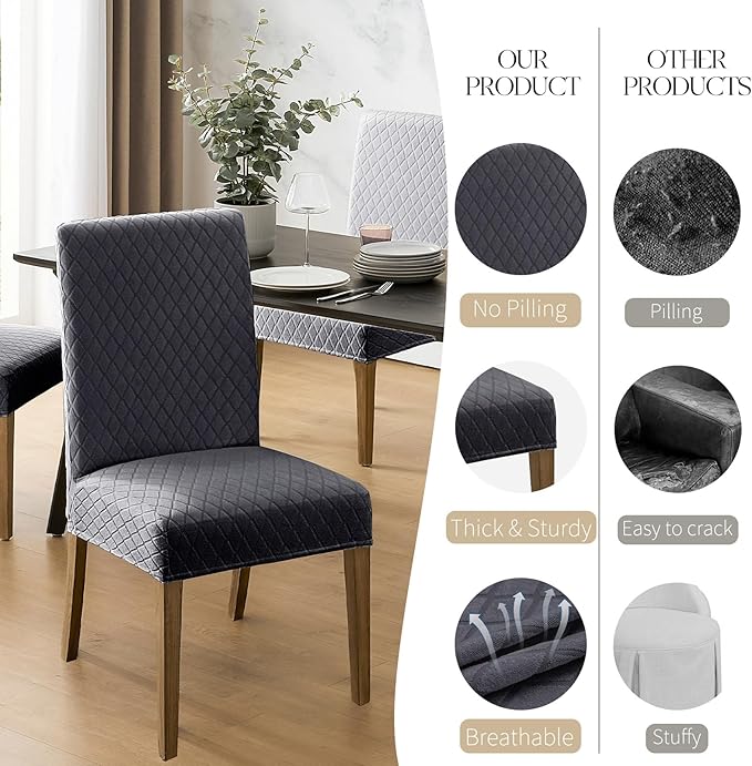 MOSAYT 100% Waterproof Dining Room Chair Covers Set of 6, Super Fit Stretch Jacquard Parson Chairs Slipcovers Removable Washable Chair Seat Protectors for Home, Kitchen, Banquet (Dark Grey - XL)