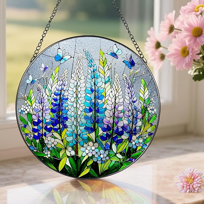 8-Inch Stained Glass Ornament, Stained Glass Window Hanging, Window Hanging Decor Suncatcher, Texas Bluebonnet Ornament | Christmas, Mother's Day, Birthday | Gifts for Mom, Garden Gifts for Friends