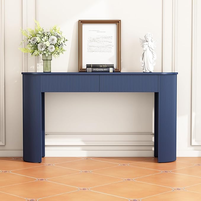 Modern Versatile Console Table with Oval Top and 2 Drawers, Wooden 54'' Long Entryway Table Accent Sofa Table for Hallway Living Room, Unique Vertical Stripe Design (Navy-1.27)