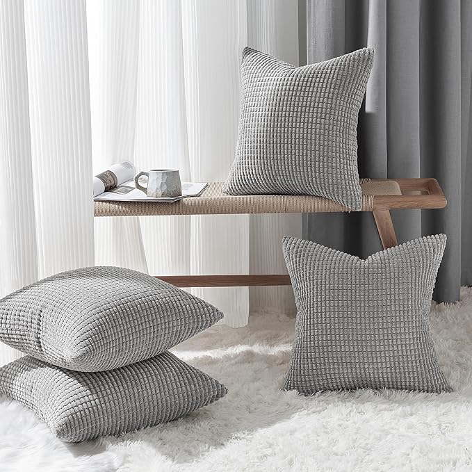 Topfinel Pillow Covers 22x22 Inch Set of 4 Decorative LightGrey Soft Corduroy Boho Striped Throw Pillow Covers Patchwork Cushion Cases Cute Aesthetic Home Decor for Couch Sofa Bed
