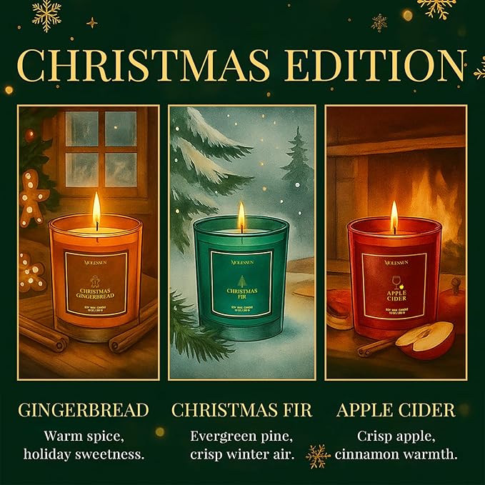 Christmas Candles Gift Set, 3 Pack Total 30oz Soy Scented Candles – Christmas Fir, Gingerbread & Apple Cider – Luxury Gift Box, Holiday & Birthday Gifts for Women & Men, Non-Toxic Clean Burn