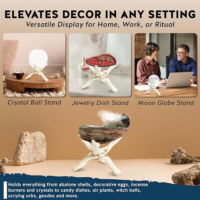 Alternative Imagination Wooden Tripod Display Stand - 8-Inch Hand Carved Holder Made from Mango Wood -Folding Natural Stand for Abalone Shell, Crystal Ball, Key Bowl,Trinket Dish, Incense,Decor & More