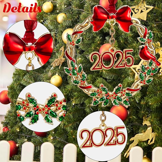 LIFE&FOOT Christmas Tree Ornaments 2025 Wreath Hanging Charm Decorative Pendant of Car Charm Holiday Keepsake Gift Home Decor (Gold 2025)
