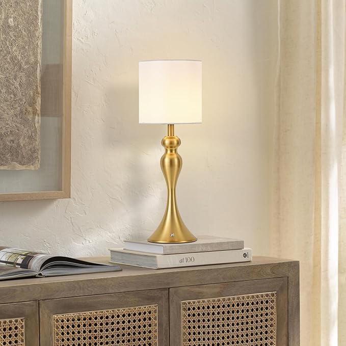 Table Lamp for Bedroom, Cordless Bedside Lamps for Living Room, Touch 3-Way Dimmable Desk Lamp for Night Stands, Rechargeable, Battery Operated Lamp with Fabric Shade for Dorm, Home Office (Brass)
