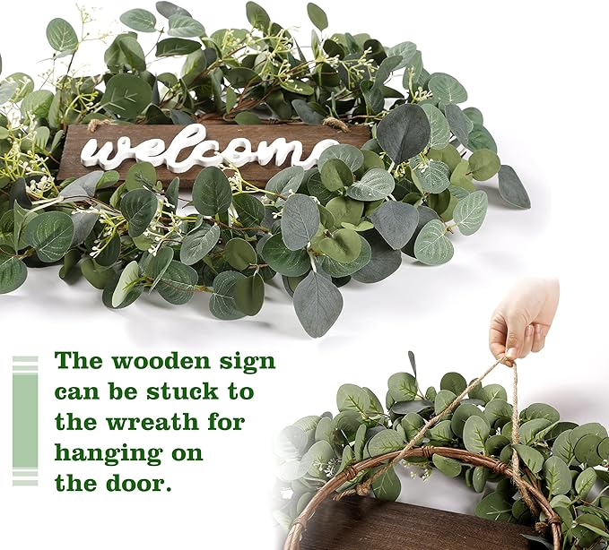 Sggvecsy Green Eucalyptus Leaf Wreath with Welcome Sign 20in Artificial Eucalyptus Wreath Spring Summer Wreath for Front Door Wall Window Farmhouse Festival Porch Patio Garden Decor