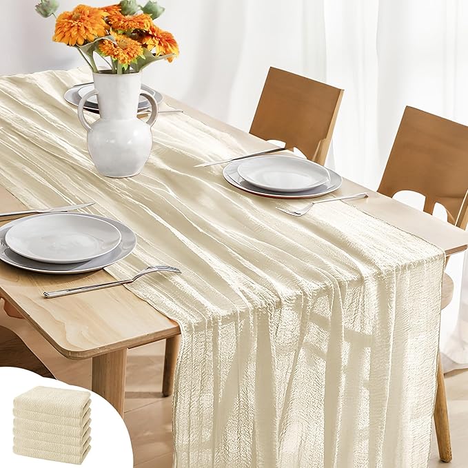 JOYIT 6 Pack White Cheesecloth Table Runner 35" x 120" – Boho Table Runner Set for Wedding, Birthday, and Party Decor, Romantic Gauze Table Runner for Rustic and Elegant Tablescapes (Ivory White)