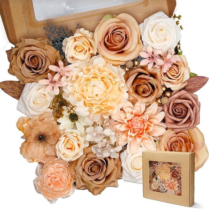 Artificial Flowers Combo Box Set 35pcs Silk Champagne Fake Rose, Peonies with Stem for DIY Wedding Cake Arch Bouquets Baby Bridal Shower Centerpieces Party Wall Home Decorations