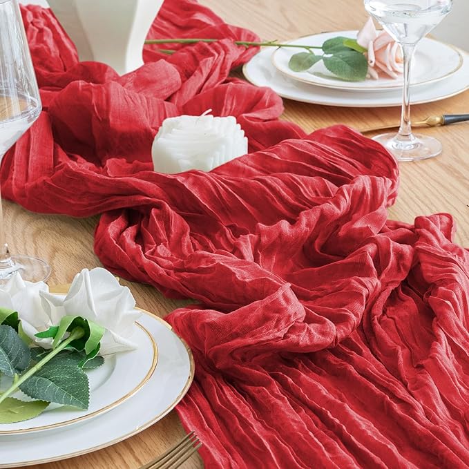 4PCS Table Runner Cheesecloth 10FT Red Boho Gauze Cheese Cloth Rustic Sheer Table Runners for Wedding Birthday Bridal Baby Shower Party Decoration