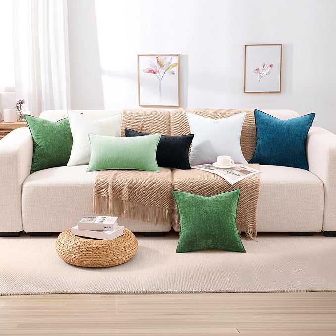 decorUhome Christmas Couch Throw Pillow Covers 12x20 Set of 2, Decorative Soft Euro Velvet Neutral Chenille Lumbar Pillow Covers with Elegant Design for Sofa Bed Living Room Home Decor, Sage Green