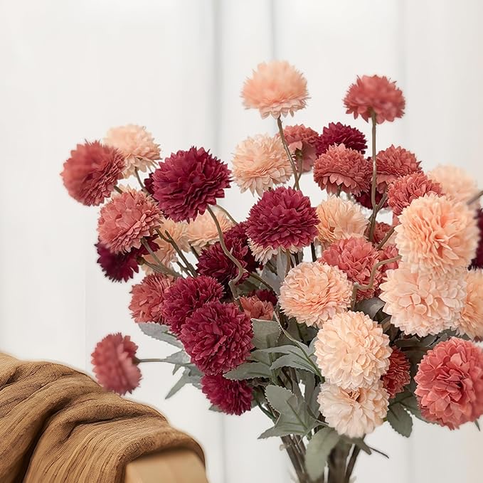 12pcs Fake Silk Pompon Mum Artificial Flowers, Fake Fall Flowers for Vase, 21" Faux Kiku Flowers Mini Chrysanthemums, Autumn Floral Stems Assorted Silk Mums Balls for Wedding Centerpieces Home Decor