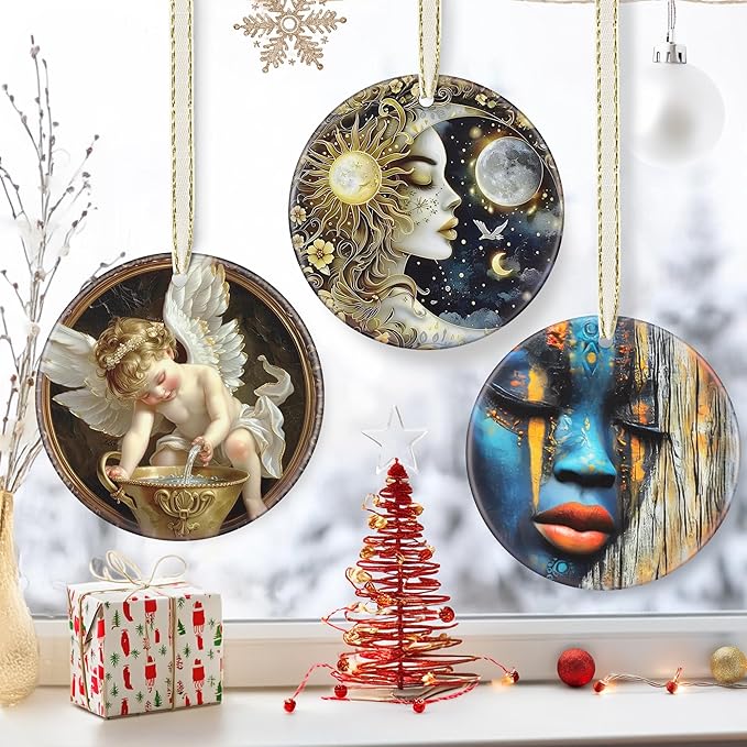 3.5" Ceramic Christmas Ornaments, Christmas Tree Ornaments, Heirloom Keepsake, Gift Exchange, Gift Idea, Bauble Present - Sun and Moon