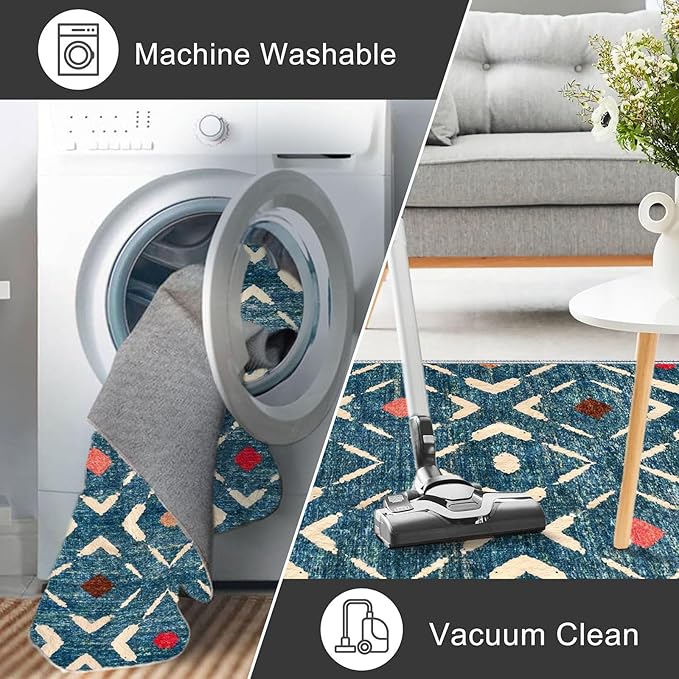 KILOCOCO Area Rug 4'x6' Entryway Rug Washable Bedroom Rug Non Slip Printed Boho Rubber Backed Low-Pile Soft Rugs for Kitchen Living Room Dining Geometric Moroccan Carpet, Teal/Blue
