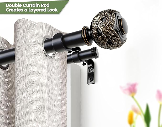 1 Inch Double Curtain Rods 36 to 72 Inches (3 to 6 ft), USFOOK Black Drapery Rods for Windows 24 to 68 Inches, Telescoping Dual Curtain Rod with Woven Leaf Finials