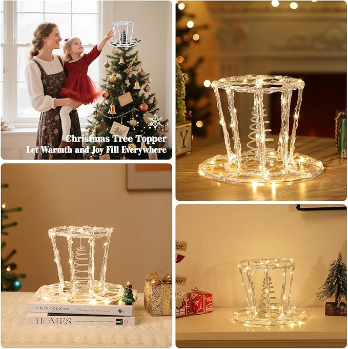 Lewondr Christmas Tree Topper Hat, 9.45" Epoxy Hat Xmas Tree Topper with 40 Warm LED Bulbs, 6 Hrs Timer and 8 Light Modes USB Remote Control, Christmas Treetop Decor for Home Holiday, Silver