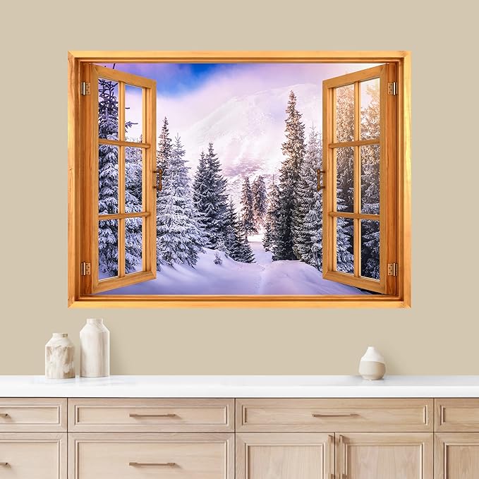 wall26 Removable Wall Sticker/Wall Mural Window View Winter Snow Pine Tree Mountain Forest Wilderness Nature Photography Realism Rustic Landscape Colorful for Living Room, Bedroom, Office - 36"x48"