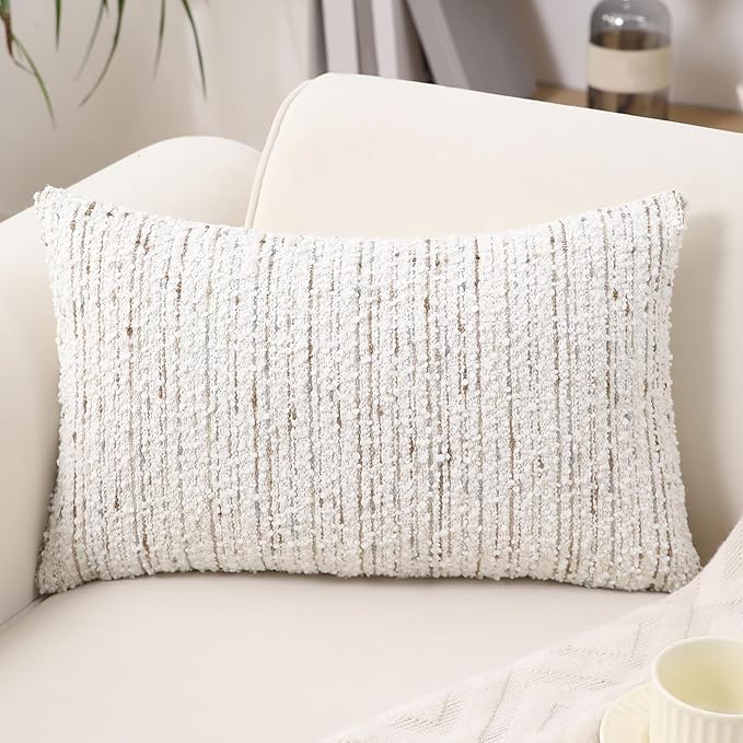 Textured Boucle Lumbar Pillow Covers 12x20 Neutral Striped Throw Pillows Soft Modern Farmhouse Pillow Cases, 1pc Decorative Accent Rectangle Couch Cushion Cover for Bed Chair Sofa, White